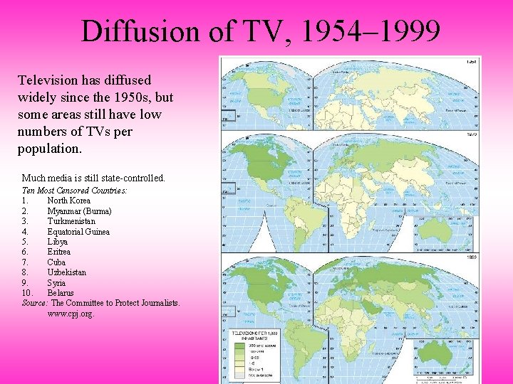 Diffusion of TV, 1954– 1999 Television has diffused widely since the 1950 s, but