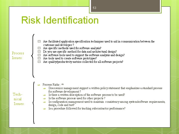 53 Risk Identification Process Issues: y Are facilitated application specification techniques used to aid