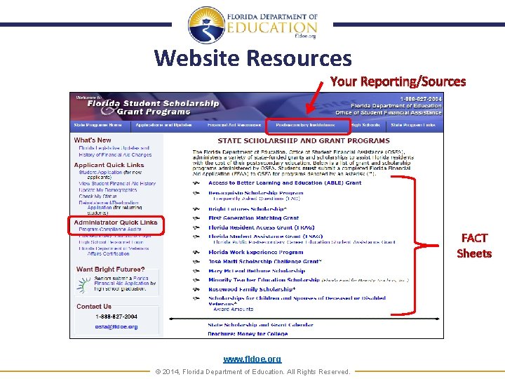 Website Resources Your Reporting/Sources FACT Sheets www. fldoe. org © 2014, Florida Department of