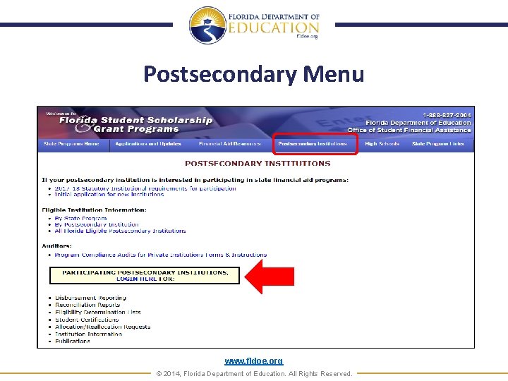Postsecondary Menu www. fldoe. org © 2014, Florida Department of Education. All Rights Reserved.