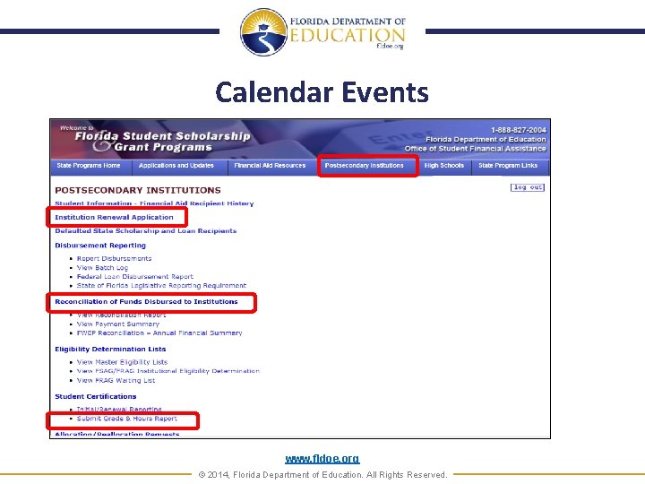 Calendar Events www. fldoe. org © 2014, Florida Department of Education. All Rights Reserved.