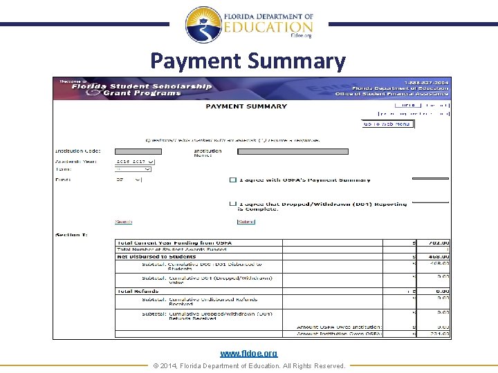 Payment Summary www. fldoe. org © 2014, Florida Department of Education. All Rights Reserved.