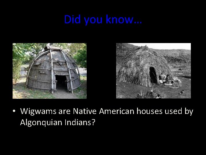 Did you know… • Wigwams are Native American houses used by Algonquian Indians? 