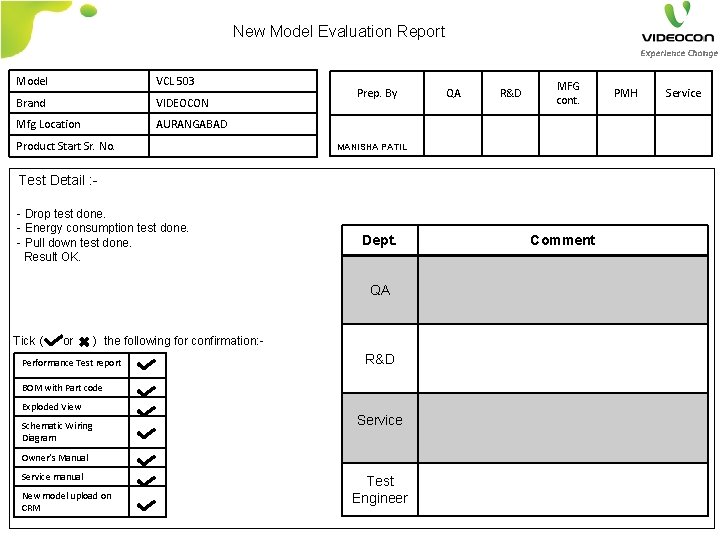 Model Review Report New Model Evaluation Report Model VCL 503 Brand
