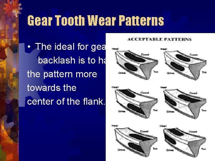 Gear Tooth Wear Patterns • The ideal for gear backlash is to have the