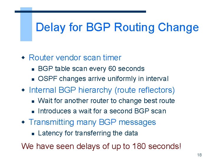 Delay for BGP Routing Change w Router vendor scan timer n n BGP table