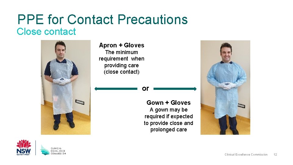 PPE for Contact Precautions Close contact Apron + Gloves The minimum requirement when providing