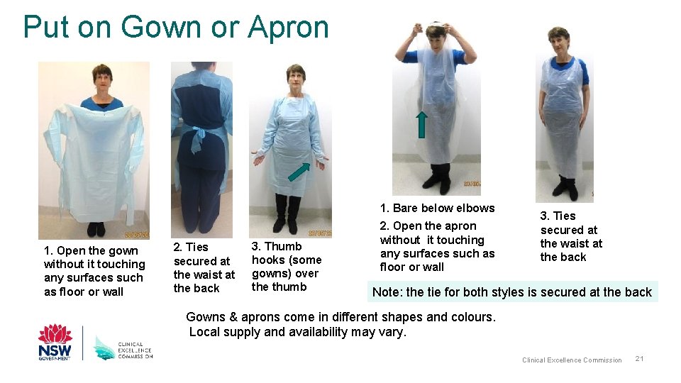 Put on Gown or Apron 1. Bare below elbows 1. Open the gown without
