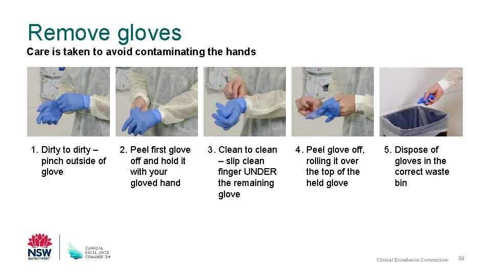 Remove gloves Care is taken to avoid contaminating the hands 1. Dirty to dirty