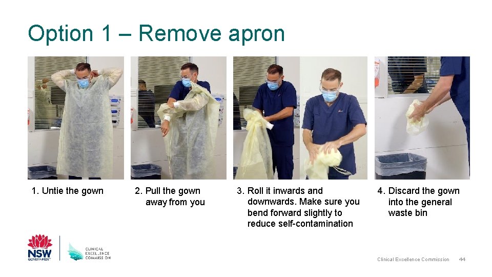 Option 1 – Remove apron 1. Untie the gown 2. Pull the gown away