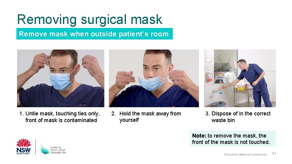 Removing surgical mask Remove mask when outside patient’s room 1. Untie mask, touching ties