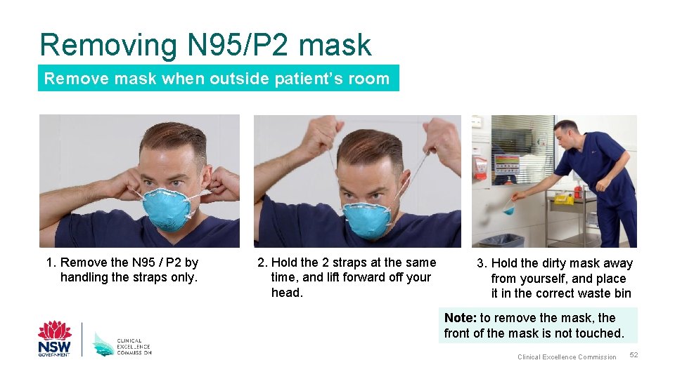 Removing N 95/P 2 mask Remove mask when outside patient’s room 1. Remove the