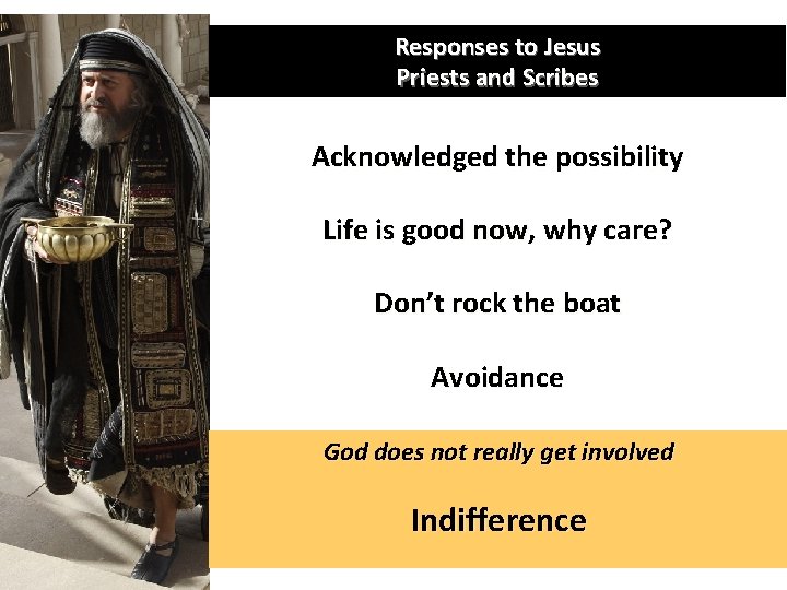 Responses to Jesus Priests and Scribes Acknowledged the possibility Life is good now, why