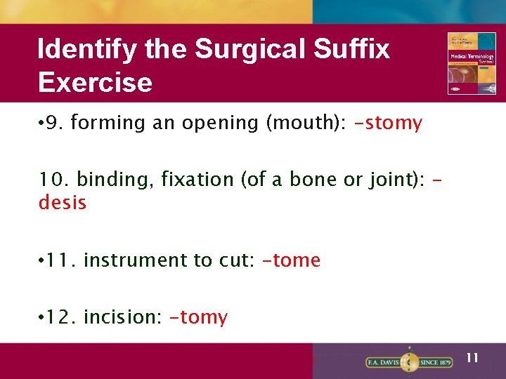 Identify the Surgical Suffix Exercise • 9. forming an opening (mouth): -stomy 10. binding,