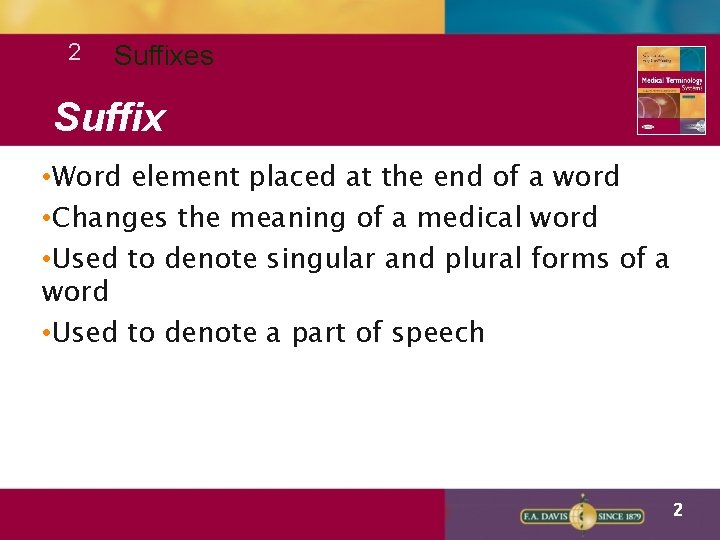 2 Suffixes Suffix • Word element placed at the end of a word •