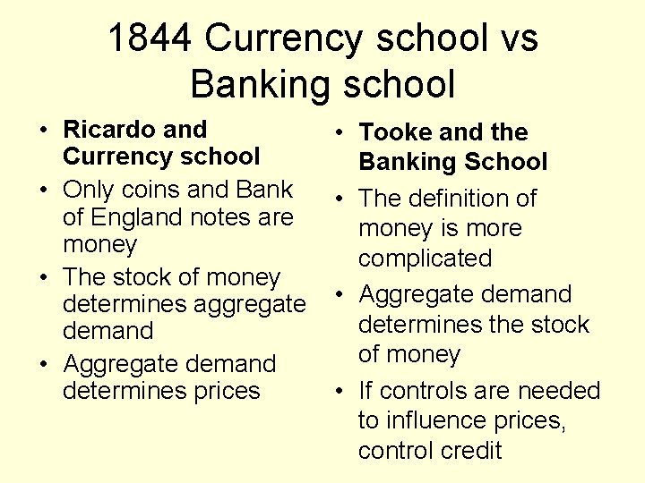 1844 Currency school vs Banking school • Ricardo and Currency school • Only coins