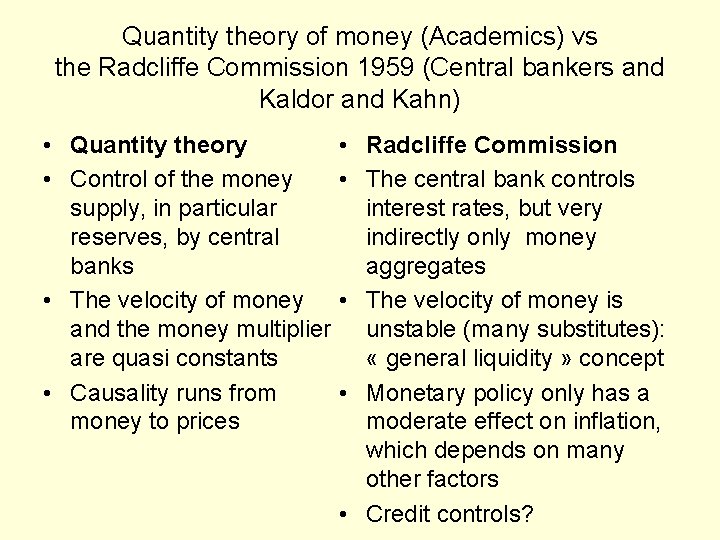 Quantity theory of money (Academics) vs the Radcliffe Commission 1959 (Central bankers and Kaldor