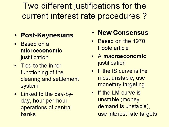 Two different justifications for the current interest rate procedures ? • Post-Keynesians • Based