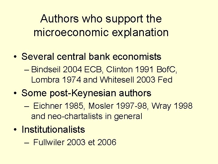 Authors who support the microeconomic explanation • Several central bank economists – Bindseil 2004