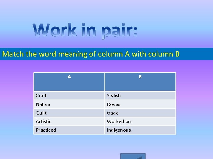 Match the word meaning of column A with column B A B Craft Stylish