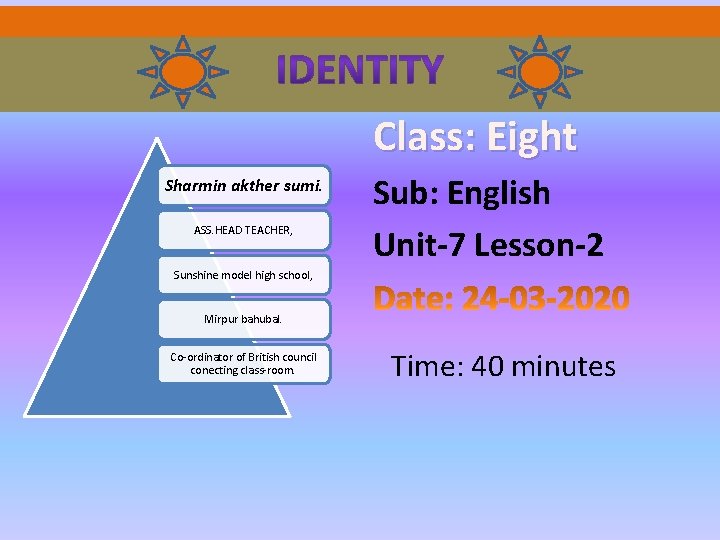Class: Eight Sharmin akther sumi. ASS. HEAD TEACHER, Sub: English Unit-7 Lesson-2 Sunshine model