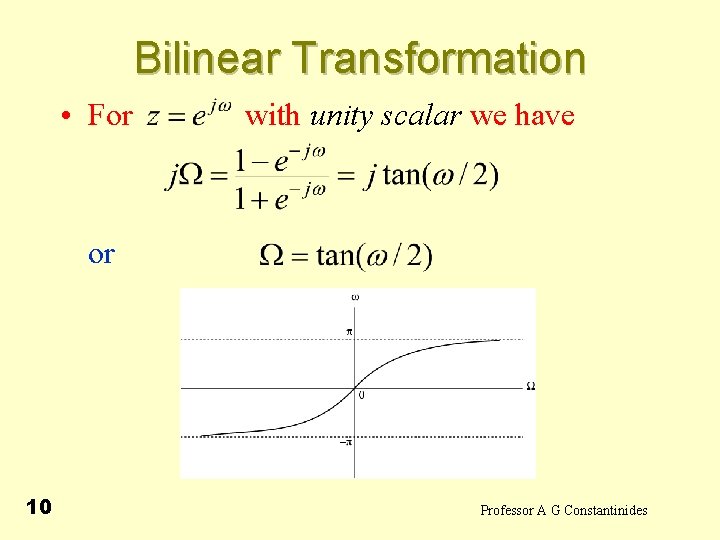 Bilinear Transformation • For with unity scalar we have or 10 Professor A G