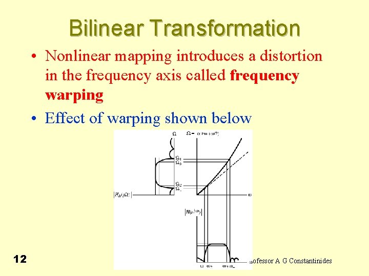 Bilinear Transformation • Nonlinear mapping introduces a distortion in the frequency axis called frequency