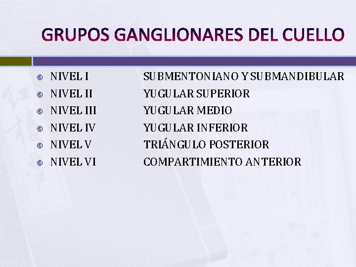 GRUPOS GANGLIONARES DEL CUELLO NIVEL III NIVEL IV NIVEL VI SUBMENTONIANO Y SUBMANDIBULAR YUGULAR