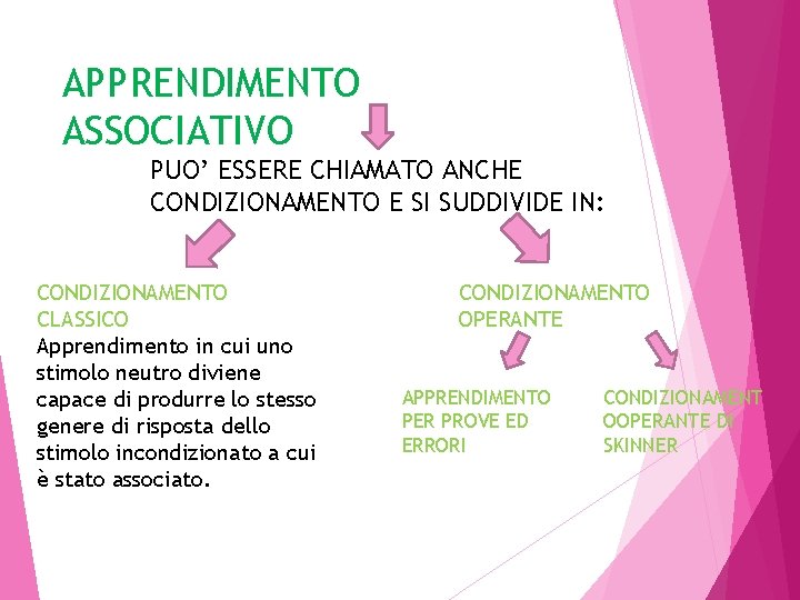 APPRENDIMENTO ASSOCIATIVO PUO’ ESSERE CHIAMATO ANCHE CONDIZIONAMENTO E SI SUDDIVIDE IN: CONDIZIONAMENTO CLASSICO Apprendimento