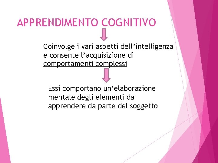 APPRENDIMENTO COGNITIVO Coinvolge i vari aspetti dell’intelligenza e consente l’acquisizione di comportamenti complessi Essi