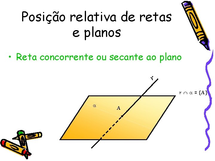 Posição relativa de retas e planos • Reta concorrente ou secante ao plano r