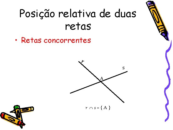 Posição relativa de duas retas • Retas concorrentes r s A r s =