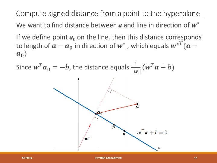 Compute signed distance from a point to the hyperplane 3/2/2021 PATTERN RECOGNITION 15 