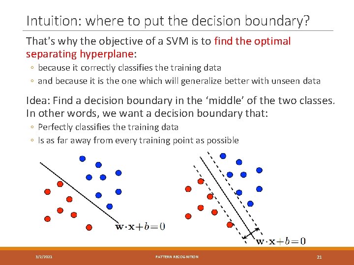 Intuition: where to put the decision boundary? That's why the objective of a SVM