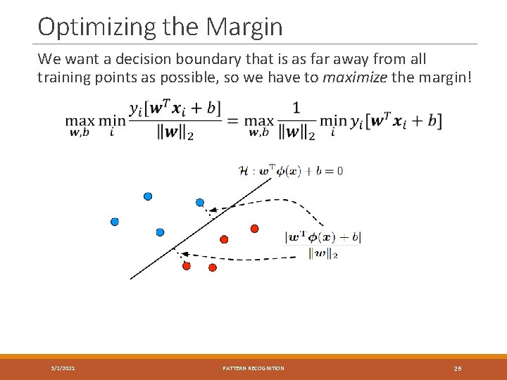 Optimizing the Margin We want a decision boundary that is as far away from