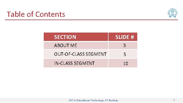 Table of Contents SECTION SLIDE # ABOUT ME 3 OUT-OF-CLASS SEGMENT IN-CLASS SEGMENT 5