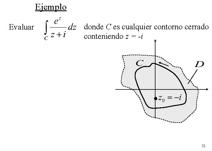 Ejemplo Evaluar donde C es cualquier contorno cerrado conteniendo z = -i 31 