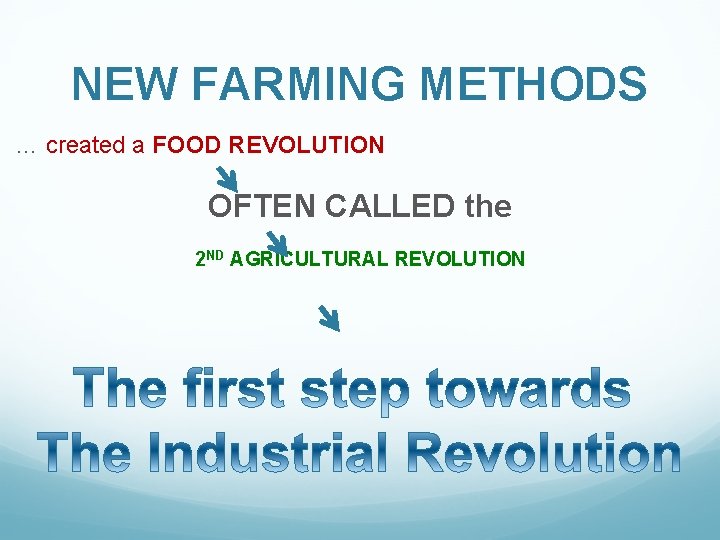 NEW FARMING METHODS … created a FOOD REVOLUTION OFTEN CALLED the 2 ND AGRICULTURAL