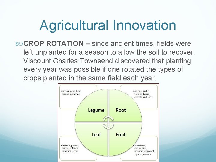 Agricultural Innovation CROP ROTATION – since ancient times, fields were left unplanted for a