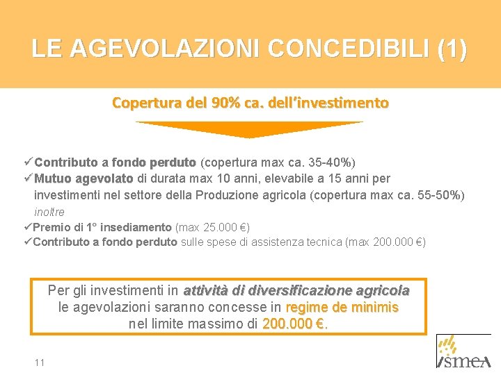 LE AGEVOLAZIONI CONCEDIBILI (1) Copertura del 90% ca. dell’investimento üContributo a fondo perduto (copertura