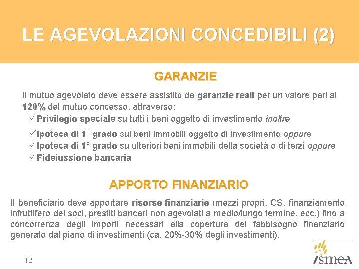 LE AGEVOLAZIONI CONCEDIBILI (2) GARANZIE Il mutuo agevolato deve essere assistito da garanzie reali