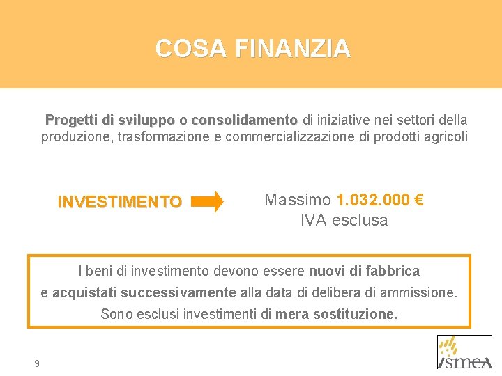 COSA FINANZIA Progetti di sviluppo o consolidamento di iniziative nei settori della produzione, trasformazione