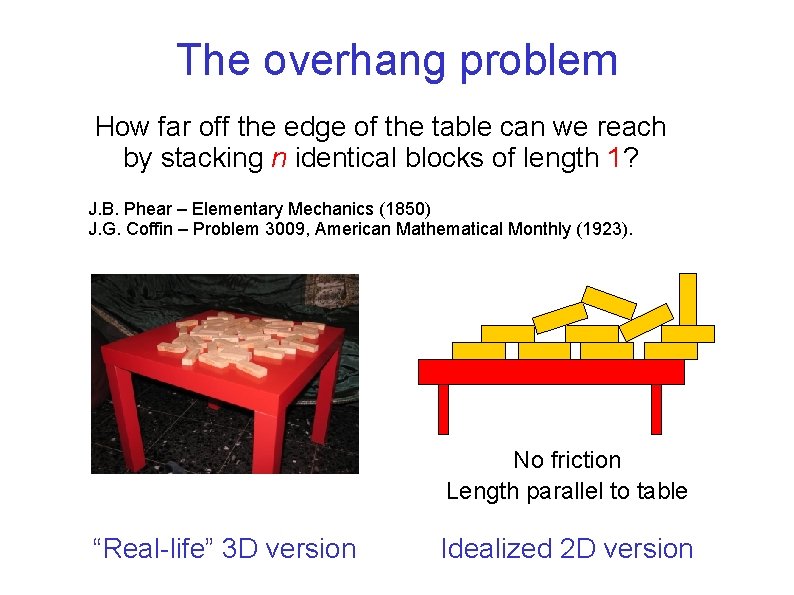 The overhang problem How far off the edge of the table can we reach