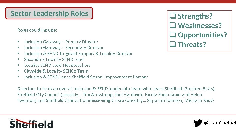 Sector Leadership Roles could include: • • Inclusion Gateway – Primary Director Inclusion Gateway