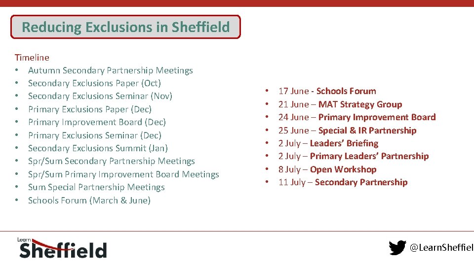 Reducing Exclusions in Sheffield Timeline • Autumn Secondary Partnership Meetings • Secondary Exclusions Paper