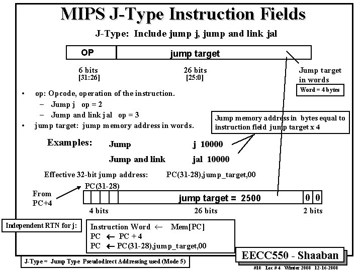 MIPS J-Type Instruction Fields J-Type: Include jump j, jump and link jal OP jump