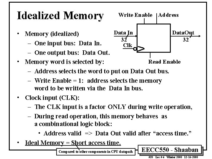 Idealized Memory Write Enable Address Data In Data. Out • Memory (idealized) 32 32