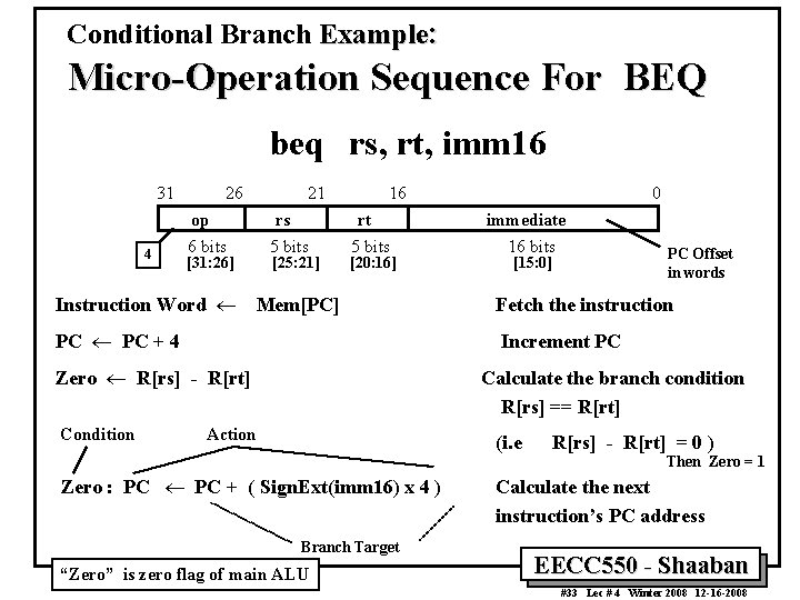 Conditional Branch Example: Micro-Operation Sequence For BEQ beq rs, rt, imm 16 31 4