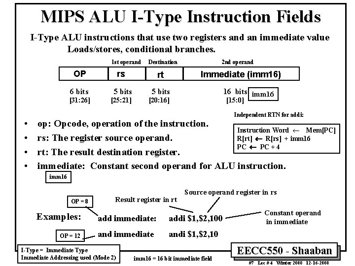 MIPS ALU I-Type Instruction Fields I-Type ALU instructions that use two registers and an