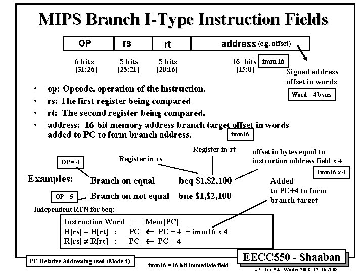 MIPS Branch I-Type Instruction Fields OP rs rt address (e. g. offset) 6 bits